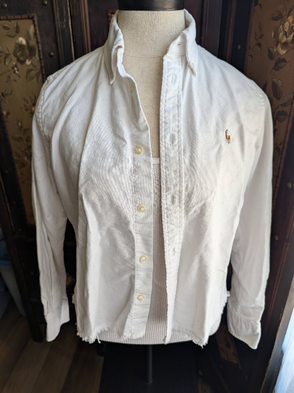Ralph Lauren White Oxford Cropped Button Down Shirt Raw Frayed Hem Pony SP